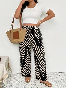 SHEIN Frenchy 大码女式腰带条纹阔腿宽松休闲裤 - 彩色 - 查看 3