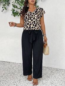 SHEIN Frenchy Große Größen Leopardenmuster Top und einfarbige Hose 2-teiliges Set Lässig Kawaii Sexy Anständig Business Urlaubsoutfit Sommer Büro Formell Beige Schwarz - Verschiedenfarbig - Übersicht 7