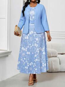SHEIN Lady 2件套加大码女士商务抽象波浪印花简约圆领系带度假中长连衣裙套装外出服蓝色两件套春夏服装休闲连衣裙女士碎花连衣裙芥末黄连衣裙女士蓝色碎花连衣裙女士教堂连衣裙女士半身裙套装女士半身裙夏季连衣裙春季连衣裙毕业典礼 - 淺藍色 - 查看 5