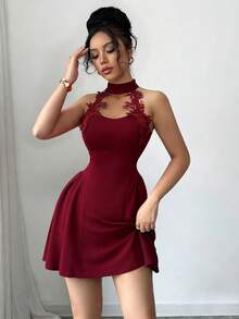 GlowEve Nuevo vestido mini elegante y sexy de punto con textura, sin mangas y con cuello halter para fiestas de Navidad para mujeres - Burdeos - Ver 6