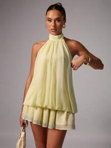 Avenya Elegant Chiffon Halter Backless Dress - Yellow - View 4