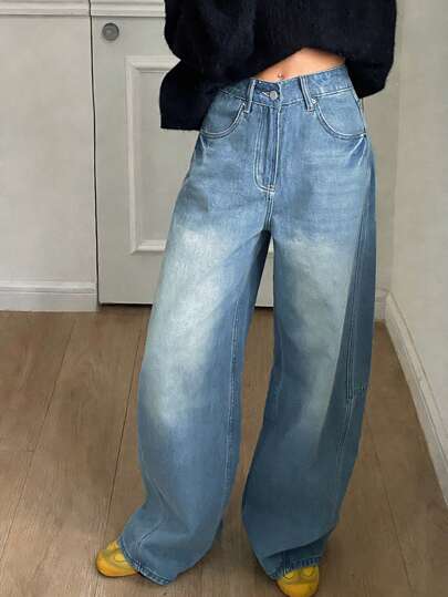 DAZY 女士做旧水洗阔腿牛仔裤，休闲街头风宽松牛仔裤，春夏款