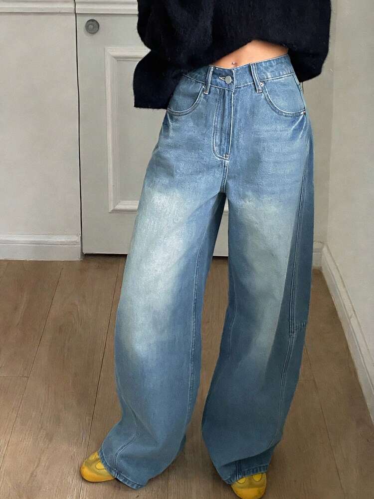 Women's Distressed Washed Wide Leg Jeans, Casual Street Style Loose Fit Cowboy Pants, Spring/Summer