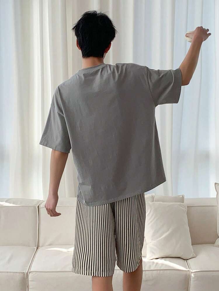 Men's Summer Letter Print Casual Short Sleeve Grey T-Shirt And Shorts Pajama Set