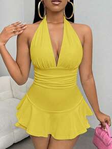 SHEIN SXY 纯色露背吊带褶皱休闲连体衣 - 黃色 - 查看 3