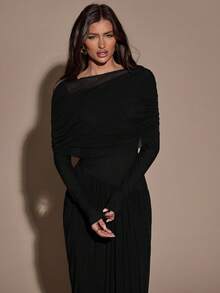 SHEIN BAE 女士优雅简约纯色船领修身连衣裙，春秋季 - 黑色 - 查看 6