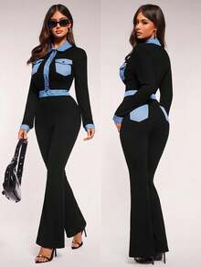 Radiana Women's Contrast Color Button Half Placket Long Sleeve Pocket Design Casual Jumpsuit,Spring To Summer, - Black - View 2