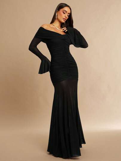 Silquee Vestido elegante de manga larga, ajustado y con hombros descubiertos de unicolor para mujer