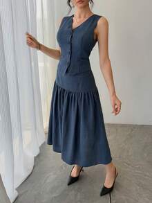 DAZY Women's Solid Color V-Neck Sleeveless Fashionable Minimalist Summer Suit - Blue - View 6