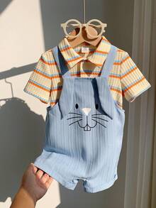 SHEIN 2pcs/Set Unisex Baby Casual Cute Holiday Knitted Colorful Striped Short Sleeve T-Shirt&Cartoon Rabbit Printed Blue Bib Pants Romper Set,Summer Sets - Multicolor - View 3