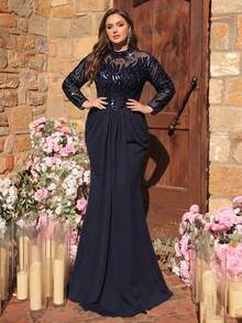 Glamrae Plus Size Elegant Navy Blue Luxurious 3D Beaded & Sequin Embroidered Asymmetrical Neck Sheer Long Sleeve Ruched Fishtail Formal Gown, Suitable For All Formal Occasions - Navy Blue - View 3