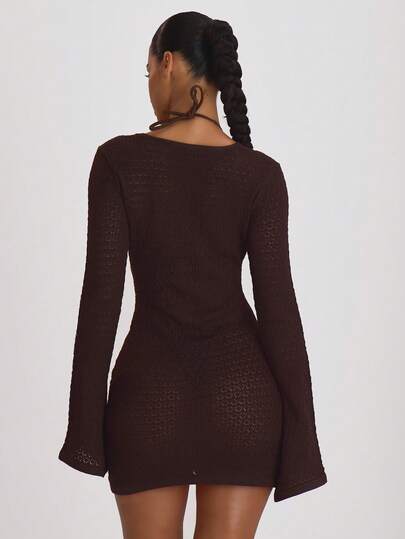 Musera Resort Crochet Knit Tie Front Loose Fit Cover Up Mini Dress Swim Vacation Holiday Summer Travel Beachwear Basics Solid Colour Resort Core