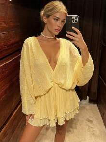 Aloruh Women's Elegant V-Neck Batwing Sleeve Pleated Fabric Mini Dress - Light Yellow - View 2