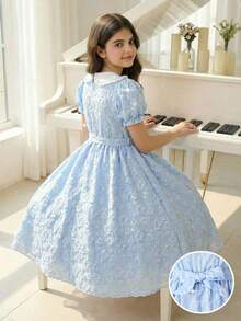 Đầm ngắn tay phồng màu xanh dương có họa tiết, cổ Peter Pan, thích hợp cho bé gái dự tiệc. - Màu xanh lam - Xem 9