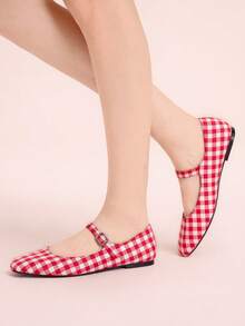 CUCCOO DOLLMOD Round Toe Comfortable Pink Bow Fashionable And Elegant Women's Flat Shoes Spring Shoes Spring Break Easter Valentine's Day - Big red white plaid - View 3