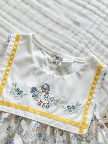 Vintaside Kids 女婴夏季数码印花可爱动物水果装饰刺绣领休闲无袖连衣裙，适合外出、度假和休闲活动 - 杏色 - 查看 7