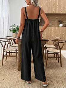 Faunlyn 女士休闲纯色卡其色阔腿连体裤 宽松版型连体裤 阔腿连体裤 度假连体裤 女士休闲连体裤 - 黑色 - 查看 2