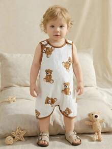 SHEIN 新生儿男/女宝宝可爱卡通熊印花无袖连体衣，夏季 - 棕色 - 查看 7