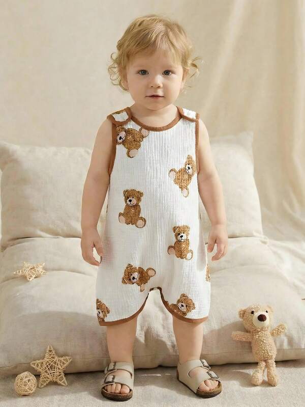 SHEIN Newborn Baby Boy/Girl Cute Cartoon Bear Print Sleeveless Romper, Summer