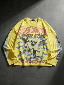 ROMWE MEN Spring Casual Graphic Men'S Angel Letter Print Crew Neck Long Sleeve T-Shirt, Loose Fit - Yellow - View 9