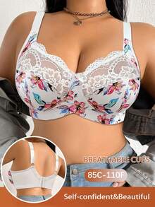 DesireSculpt 1pc Plus Size Lace Patchwork Wireless Bra - Multicolor - View 5