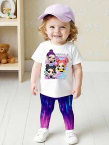 Baby Girl Cartoon Girl Print Round Neck Short Sleeve T-Shirt And Pants Casual Outfit - Multicolor - View 4