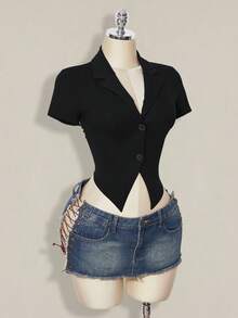 SHEIN ICON 女士时尚性感龙纹网纱拼接T恤，夏季 - 黑色 - 查看 8