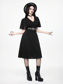 Spring/SummervacationWomen's Vintage Gothic Sun & Moon Embroidery V-Neck Contrast Lace Mini Dress, Spring/Summer - Black - View 6