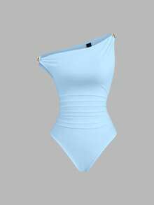 Sweetra Metal Decor Ruched Casual Bodysuit, Versatile For Spring/Summer,One Shoulder Bodysuit - Baby Blue - View 3