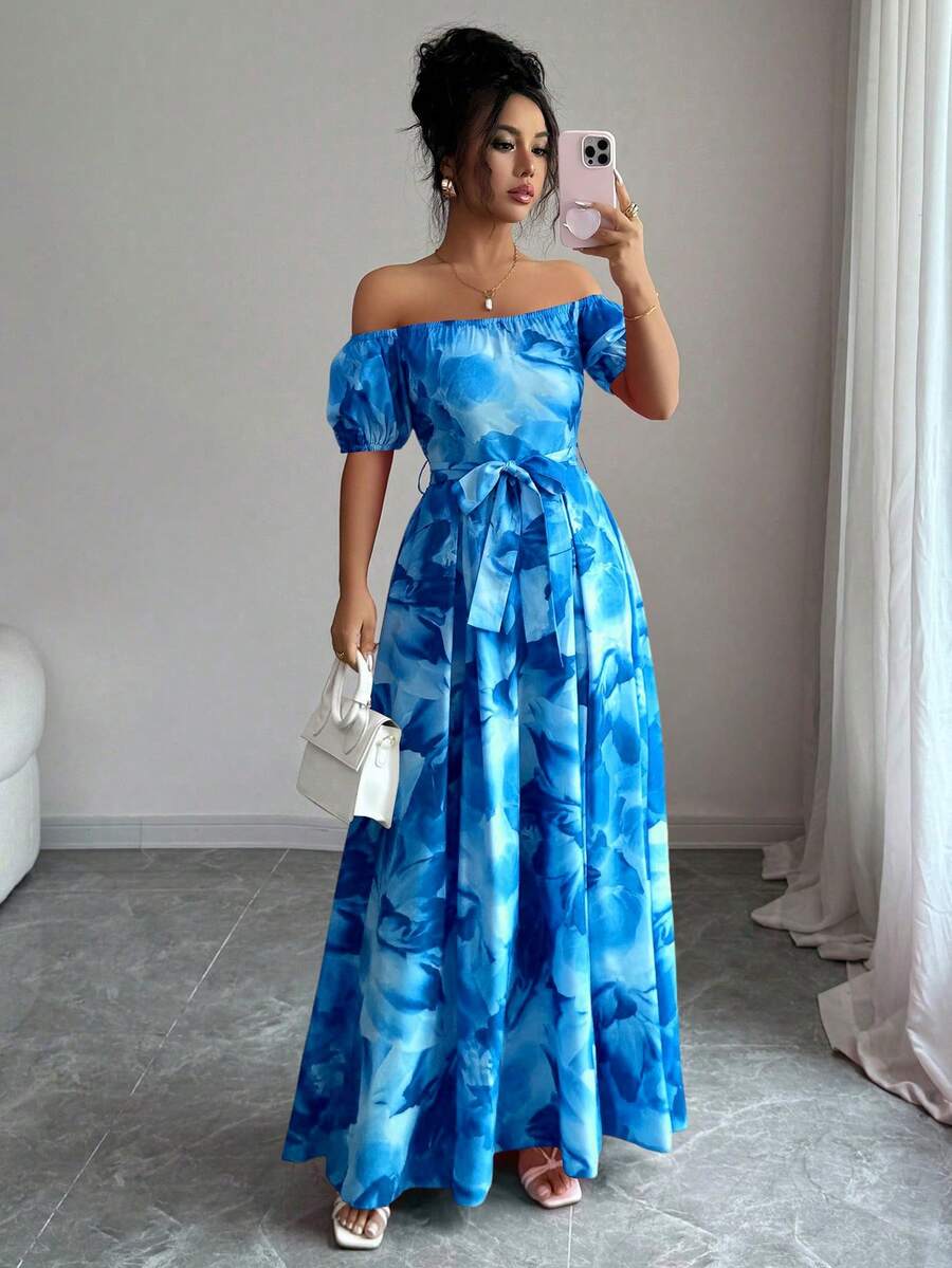 Elenzga New Summer Collection Elegant Fashion Off-The-Shoulder Blue Floral Print Dress With Slim-Fit Waistline And Puff Sleeves. Ocean Dress Off Shoulder Dress, Blue Long Dress, Blue Dress - Aqua Blue - View 1