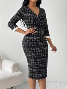 SHEIN Lady Women's Elegant Wrap Surplice Neckline Fitted Split Midi Dress - Multicolor - View 5