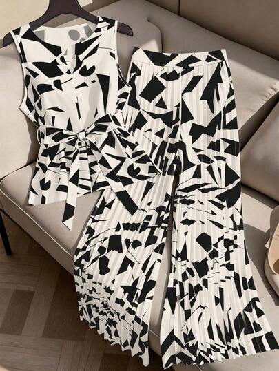GlowEve CURVE Plus Size Women's Fashion Geometric Pattern Sleeveless Blouse Top And Matching Printed Pleated Straight Leg Pants 2 Piece Set, Suitable For Commuting, Work, Daily Wear, All Seasons