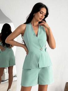 SHEIN Women Belted Detailed Vest And Short Suit Sets - Mint Green - View 4