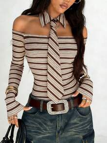Rina Fox Women's Striped Off-Shoulder T-Shirt With Tie, Casual Versatile For Dating And Outings, Long Sleeve - Brown - View 4