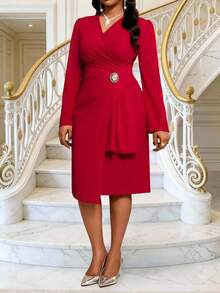 Fleurora 大码女式V领长袖腰部褶皱优雅连衣裙 - 紅色 - 查看 4