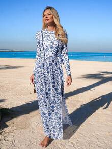 Swim Mulvari Women's 4-Piece Set: Blue Floral Print One-Piece Dress With Sheer Skirt, Long Sleeve Bodysuit, And Fitted Pants, Modest Yet Fashionable Vacation Swimsuit, Spring/Summer - Blue - View 4