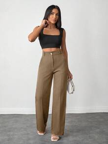 SHEIN 娇小码女式纯色高腰直筒裤，适合日常穿着 - 米色 - 查看 4