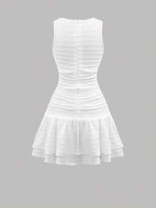 SHEIN Girlism 少女白色纯色针织纹理休闲优雅法式荷叶边3D立体花朵装饰褶皱不对称圆领无袖修身短连衣裙，公主裙，新年派对，春季郊游，日常穿着，女童白色连衣裙，母女套装，婚礼季，花童，聚会 - 白色 - 查看 2