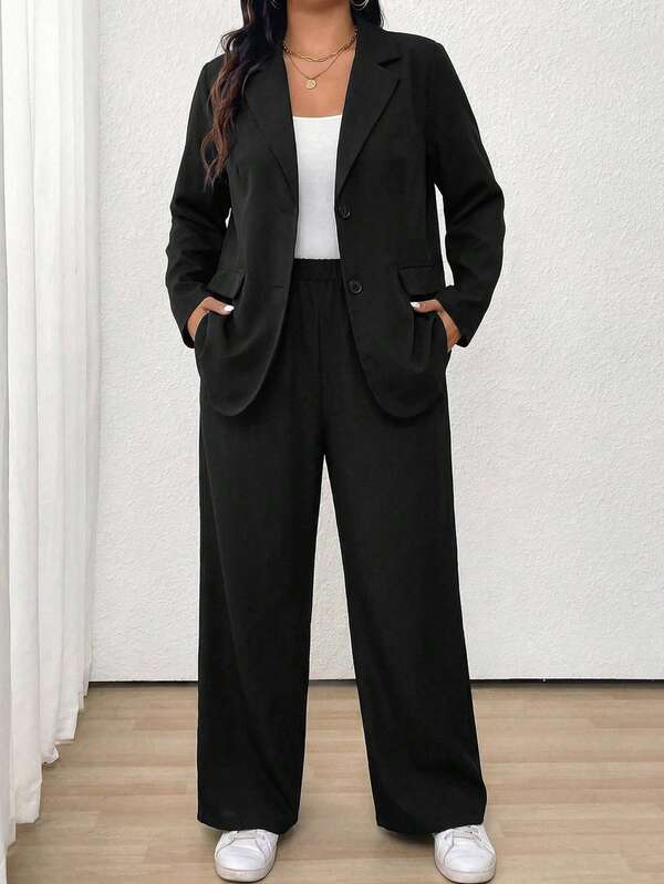 EMERY ROSE Plus Size Women's Spring/Autumn Casual Everyday Office Commute Simple Solid Color Lapel Collar Blazer And Pants Suit Set