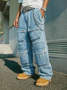 PAVTROS 复古男士街头风多口袋浅蓝色牛仔裤 - 藍色 - 查看 9