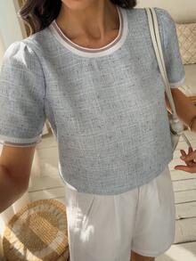 DAZY 女士撞色圆领短泡泡袖休闲衬衫（夏季款） - 藍色 - 查看 1