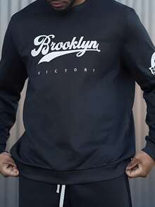 Heavens Edit 男士“VICTORY”印花圆领套头卫衣，街头风，秋冬款，长袖上衣 - 黑色 - 查看 3