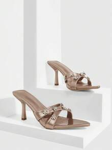 CUCCOO SZL Sandalias de tacón alto con puntera puntiaguda, decoración de flores de rhinestone para uso diario de moda para mujer - Oro rosa - Ver 4