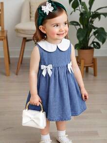 Baby Girl Denim Dress With Wide Ribbon Bow And Contrast Collar - Light Wash - View 8