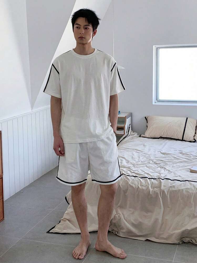 Men's White Short Sleeve Top And Shorts Pajama Set, Summer
