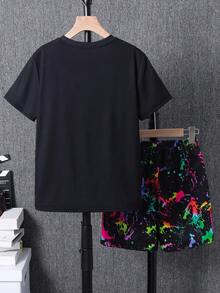 SHEIN 2pcs/Set Young Boy Casual Cartoon Bear Pattern Round Neck Short Sleeve Shorts Set, Suitable For Summer - Multicolor - View 3