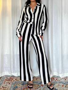 Pariaura Petite Women's Elegant Vacation & Commute Striped 2 Pieces Set - Black and White - View 7
