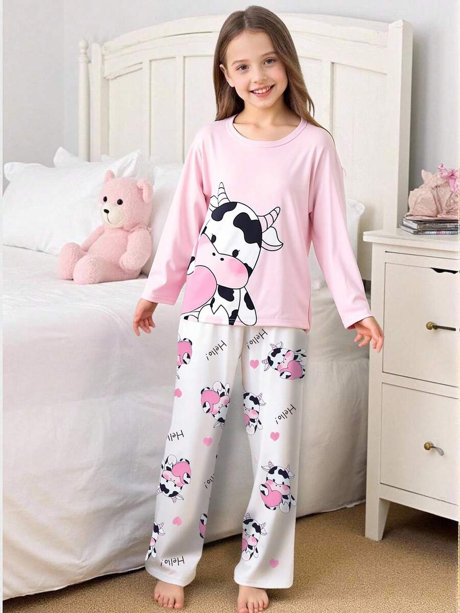 Genkimix Kids 2pcs/Set Girls Cute Pink Cow Print & Full Print White Pants Comfortable Casual Pajama Homewear Set, Autumn/Winter - Pink - View 1