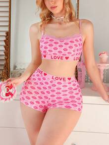 PetitDoll 2pcs Valentine's Day Romantic Lip & Heart Print Comfortable Top And Panty Set, Women's Lingerie - Pink - View 6