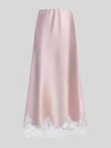 Franclia Falda de satén rosa con ribete de encaje en contraste para mujer - Rosa - Ver 2